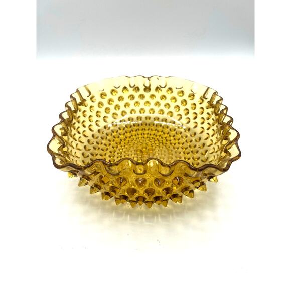 Vintage Other - Vintage Amber Hobnail Ruffle Glass Bowl Square Candy‎ Dish